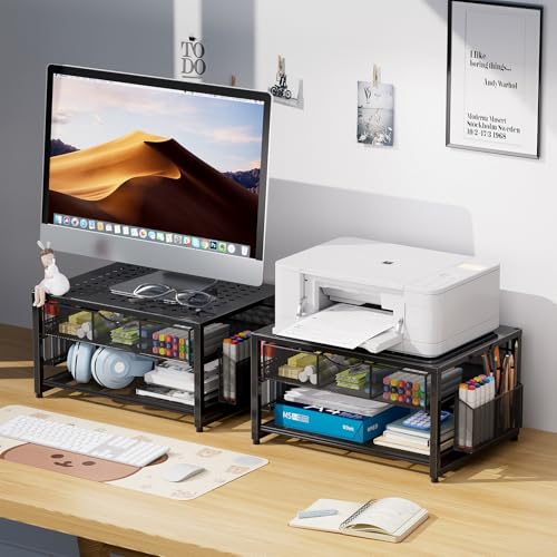 Marbrasse Metal Printer Stand for Desk with Storage Drawer and 2 Pen Holders, 2-Tier Desktop Organizer Printer Table for Home Office, Multi-Purpose Desk Organizer for Fax Machine Scanner Files(Black) - color: Black