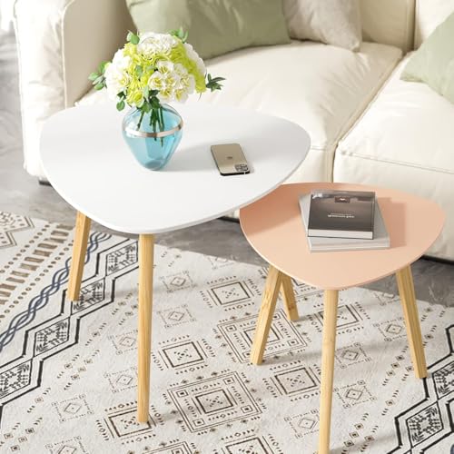 BAMEOS Bamboo Nesting Triangle End Table,Set of 2 SideTable Modern Minimalist Coffee Table for Living Room (White & Pink) - color: White & Pink
