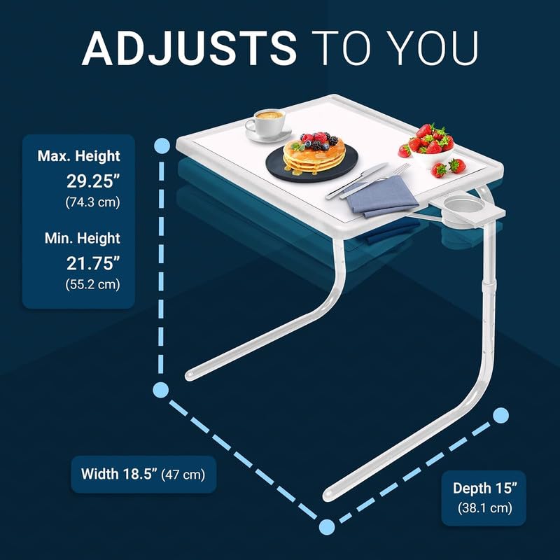 Table-Mate TV Tray Table | Portable Desk Folding Dinner Tray, Couch Table Trays for Eating Snack Food, Portable Laptop Desk, Bed Trays for Eating | Adjustable TV Trays with 3 Angles and Cup Holder - color: White, size: 15"D x 21"W x 29"H