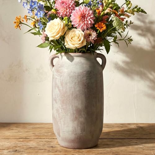 11.5 Inch Tall Ceramic Flower Vase with Handle, Terracotta Farmhouse Rustic Decor | Waterproof Table Centerpiece for Living Room, Kitchen Shelf & Dining Table | Vintage Pottery Home Decoration - size: 11.5inch