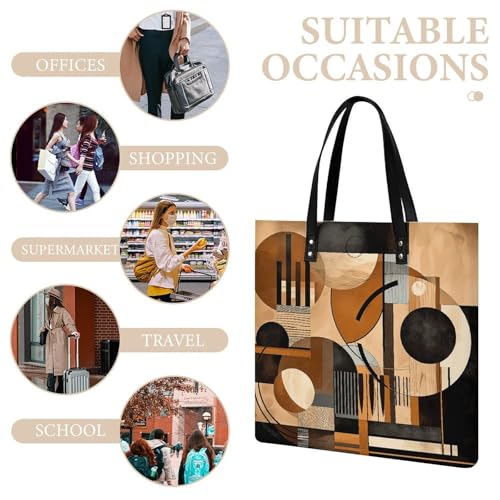 Beige And Black Objects Tote Bag for Women, Large PU Leather Handbag, Reusable Shopping Bag for Work, Travel, Beach