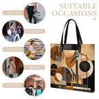 Beige And Black Objects Tote Bag for Women, Large PU Leather Handbag, Reusable Shopping Bag for Work, Travel, Beach