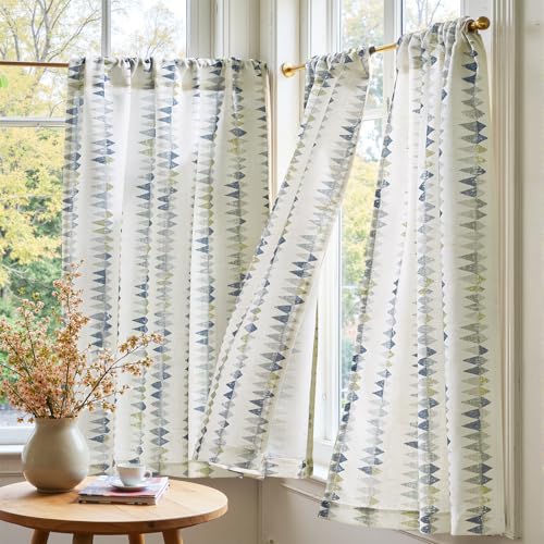 jinchan Mudcloth Boho Kitchen Curtains for Windows Light Filtering Linen Blend 36 Inch Farmhouse Tier Curtains Small Window Drapes for Living Room Bathroom RV 2 Panels Rod Pocket Dusty Blue on Linen - color: Tribal | Dusty Blue on Linen, size: 26"W x 36"L