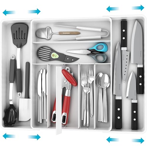 Simple Houseware Expandable & Adjustable Cutlery Drawer Organizer - Large Utensil and Flatware Tray for Kitchen Drawers, White - color: White