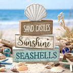 Yuntau 4 Pcs Summer Decorations for Home Shells Wooden Tabletop Decor Summer Tiered Tray Decor Rustic Wood Block Sign Gift Centerpiece Farmhouse Table for Shelf Office - style: Shells