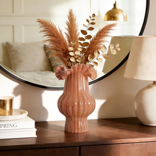 WDS WONDROUS Art Flower Vase for Kitchen Home Decor, Caramel Ruffled Glass Vase with Vertical Lines for Bouquet, Tall Vases for Flowers Table Centerpiece Dining Room, Housewarming Gift