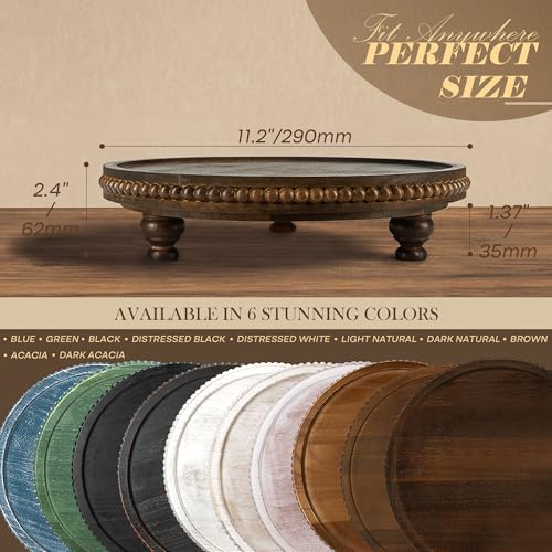 EOSAHR Acacia Wood Beaded Round Display Riser for Boho Decor – 3-Leg Wooden Pedestal Stand for Coffee Table, Cake Stand, Perfume Tray & Vanity Organizer – Riser for Decor (Dark Acacia) - color: Dark Acacia
