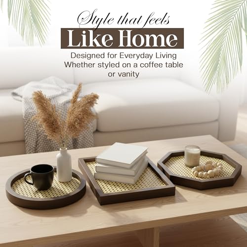 Apolos Co Decorative Tray Set of 3 - Handwoven Rattan Coffee Table Trays with Dark Wood Frame - Modern Boho Design Wicker Tray for Living Room, Centerpiece Décor - Round, Rectangular, Geometric Shapes