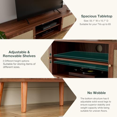 ZttRiee TV Stand for TVs up to 65'', Entertainment Center With Rattan Door, Shelves & 2 Cabinets, Long Boho Media Console for Living Room, Walnut - color: Walnut