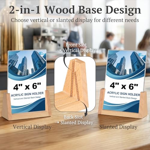EHWINE 8 Pack 4x6 Acrylic Sign Holder with Wood Base, 2-in-1 Vertical & Slant Back Display, U-Shaped Clear Menu Holder Stand with Non-Slip Base Pads for Table, Desk, Countertop, Restaurant