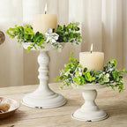 Rustic Iron Pillar Candle Holder: White Farmhouse Candle Holder with Greenery Wreaths Set of 2, Elegant Large Candle sticksholder Decor for Wedding, Coffee Table Centerpieces, Living Room, Home Decor