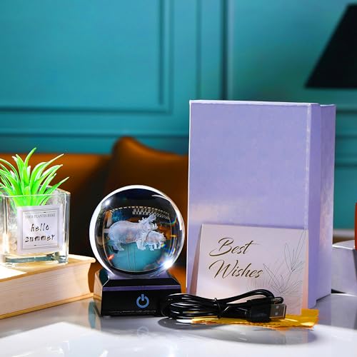 Qianwei Hippopotamus Gifts for Women 3D Crystal Ball 3.14'' - Laser Hippopotamus Decor Glass Animals Hippo Gifts Figurines Statue Stuff for Room Decorations Hippo Night Light - style: Hippo