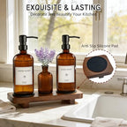 KEYWING Kitchen Soap Dispenser Set with Wood Tray, 16oz Amber Glass Soap Dispensers with Stainless Steel Pumps, Hand and Dish Soap Dispenser Set for Kitchen, Soap and Lotion Dispenser Set for Bathroom
