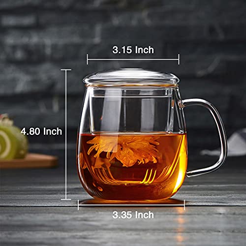 DOPUDO Glass Tea Cup with Infuser and Lid, 17.6oz/520ml Large Borosilicate Teacup,Tea Glass, Clear Mug for Loose Leaf Tea, Blooming Tea, Microwave & Dishwasher Safe - Tea Maker Gift for Birthday. - size: 1 Count (Pack of 1)