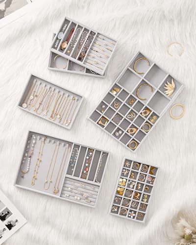 Lolalet Jewelry Drawer Organizer Inserts, Stackable Velvet Tray Jewelry Storage Organizers Set Display Cases for Necklaces Bracelets Earrings Rings Chains Bangles Watches, Mothers Day Gift - color: Grey, size: A5 Size, 4 Packs
