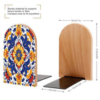 Wood Bookends 2 Pack, Hippy Mexican Talavera Mandala Non-Skid Heavy Duty Bookends for Shelves & Desks, Decorative Book Holders/Supports for Home Office/Library/School, 5x3x3.9 Inch