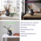 Handmade Small Matte Black Ceramic Vase,Ndustrial Farmhouse Style, Rustic Textured Vase for Home Decor,Ideal for Pampas Grass,Dried Flowers,Living Room, Bedroom Shelf Table 5.5IN（Silver Metal ）