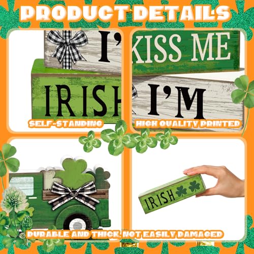 Yuntau 4 Pcs St Patricks Day Decorations Lucky Shamrock Wooden Sign Truck Table Centerpiece St Patricks Day Tiered Tray Decor Decorative Faux Book Stack Block for Fireplace Mantel Floating Shelf - style: Shamrock