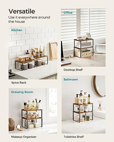 SONGMICS Cabinet Organizer Shelf, Set of 2 Kitchen Counter Shelves, Kitchen Storage, Spice Rack, Stackable, Expandable, Metal and Engineered Wood, Ink Black and Rustic Brown UKCS020X01 - color: Ink Black + Rustic Brown, size: 11.7"W