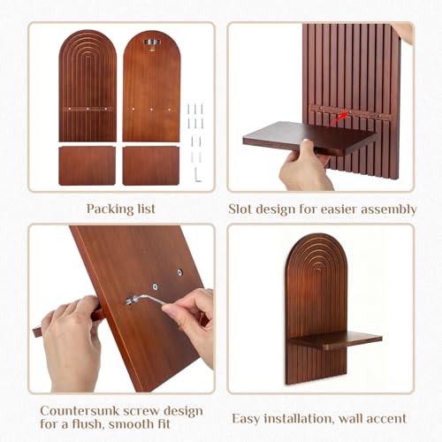 Mid Century Modern Candle Sconces: Set of 2 Walnut Boho Wall Candle Holder Decor for Living Room Fireplace - Arch Candle Shelf for Plants Pillars Candles - color: Walnut Color
