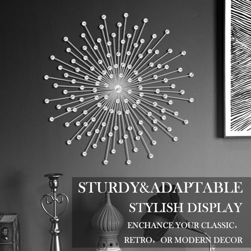 Blulu Silver Crystal Sunburst Wall Decor Large Rhinestones Metal Burst Bling Wall Art Home Decorative Sunburst Hanging Diamond Accents for Living Room Bedroom, 23.6 x 23.6 Inch