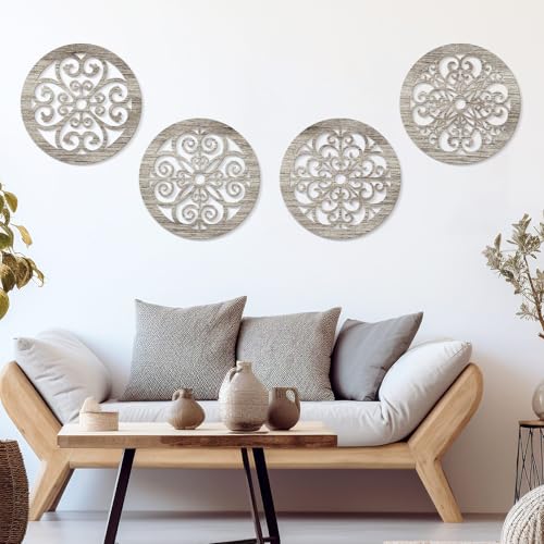 Zzbakress 4 Pieces Farmhouse Wall Decor Rustic Circle Wall Decor Wooden Hollow Carved Round Wall Art for Living Room Bedroom Kitchen Bathroom Home Wall Decoration (Delicate, Retro) - color: Delicate, Retro