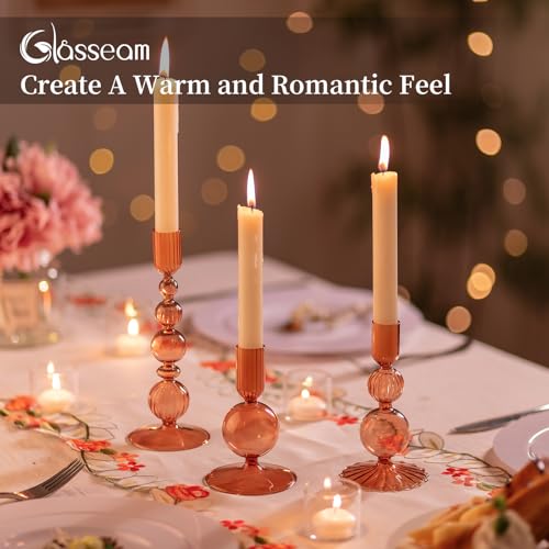 Glasseam Candle Sticks Holder Decor: Amber Glass Candle Holders Set of 3 Modern CandleHolders for Taper Candlesticks Unique Fall Candle Holders for Halloween Centerpiece Table Decor Thanksgiving - color: Brown