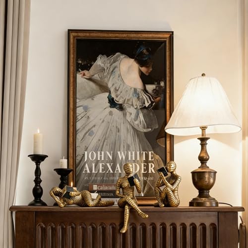 XINXUAN Gold Abstract Man Sculpture with Crystal Balls - Modern Art Deco Home/Office Shelf and Table Top Decoration, Ideal Gift for Art Lovers, 8" Tall (3PCS Letter-Gold Reading)