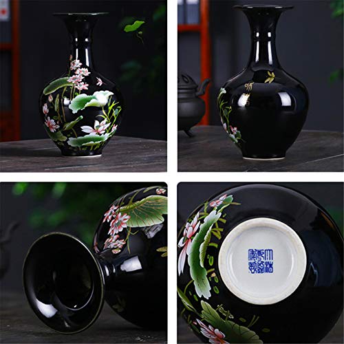 9.45'' China Style Decorative Vase, Classic Ceramic Vases for Art Home Decoration, Chinese Retro Porcelain Ceramic Vase with Base, Beauty Lotus Flower Painting, Black