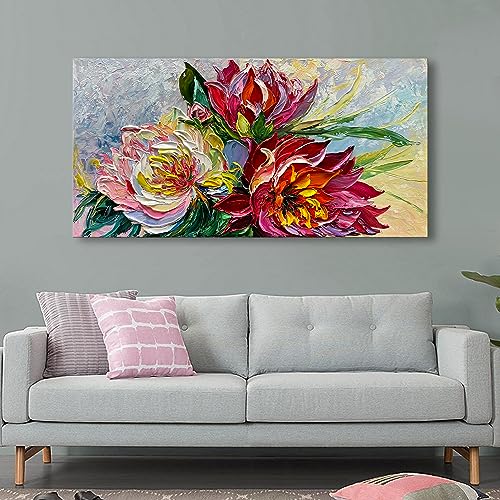 Art Hand Painted red Flowers Art Oil Painting 24x48 Thick Texture Abstract Wall Decorative Art Oil Painting - color: Yi034