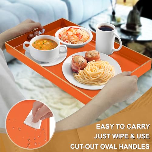 MAONAME Orange Serving Tray with Handles, Modern Decorative Trays for Coffee Table, Plastic Rectangular Trays for Ottoman, Bathroom, Halloween Decor, 15.8” x 10.2” x 1.4" - color: Orange, size: 15.8" x 10.2" x 1.4"