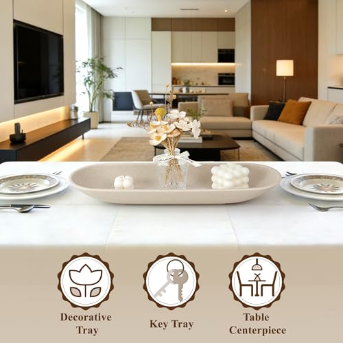 Enhanced Long Large Decorative Bowl for Home Decor - Long Dough Bowl for Table Centerpieces 17.72"W x 2.24"H - Beige Minimalist Design Dough Decor Bowl for Coffee Table, Dining Table Centerpiece - color: Beige, size: Extra Long