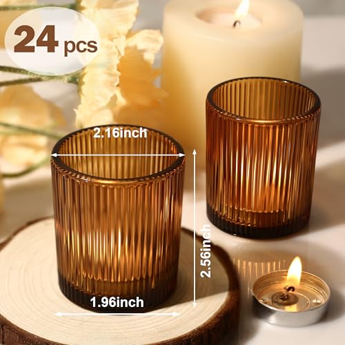 24 Pack Amber Votive Candle Holders Thanksgiving Decor, Glass Small Tea Lights Candle Holders for Table Centerpiece for Home Decor Party Fall Boho Decor(24,Amber) - color: Amber