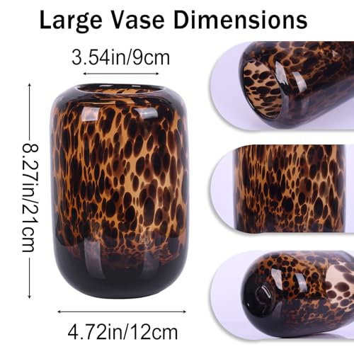 Amber Brown Glass Vase – Round Art Glass Vase with Tortoise Shell Pattern, Hand Blown Wide Mouth Decorative Centerpiece for Living Room, Dining Table or Entryway Home Decor - size: Small