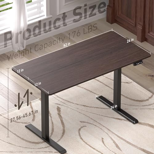 Ywin Electric Height Adjustable Standing Desk with Wheels, 63 x 24 inches Ergonomic Stand Up Desk for Home Office - color: Black Walnut