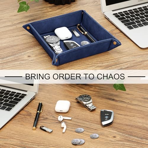SITHON Valet Tray Desktop Storage Organizer – Premium PU Leather Catchall Bedside Vanity Tray Nightstand Caddy Holder for Keys, Phone, Wallet, Valentine's Day Gift, Dark Blue - color: Dark Blue