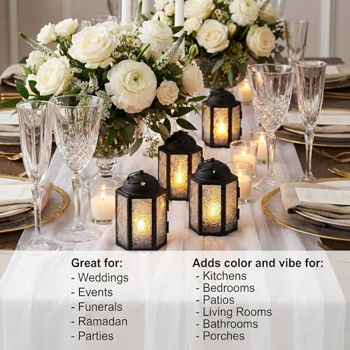VELA LANTERNS Mini Moroccan Tea Light Candle Holder Lanterns – 4.25" Small Decorative Lantern for Table or Hanging, Metal with Glass Panels – Ramadan, Wedding, Home Decor, Frosted Clear (Set of 4) - color: Frosted Clear