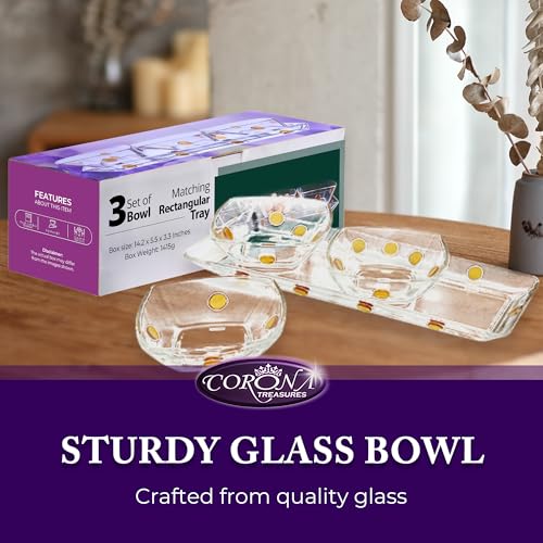 GAC Elegant Glass Square Bowls Set with Matching Rectangular Tray - 3-Piece Decorative Glass Centerpiece with Gold Dots, Square Serving Bowls for Condiments, Snacks, & Parties- Thoughtful present.
