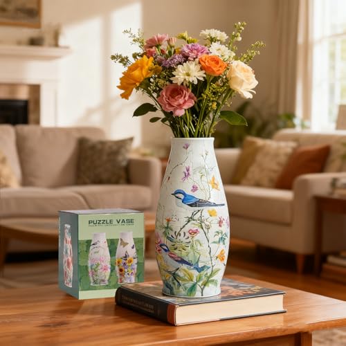 3D Puzzles Vase with LED Light, Creative Puzzle Vases Adult Crafts DIY Decorative Flower Vase for Home Decor Unique Gifts for Housewarming Christmas Mother s Day - color: Peony Birds