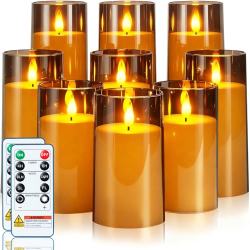 Homemory Gray Flickering Flameless Candles, Battery Operated Acrylic LED Pillar Candles with Remote Control and Timer, Halloween Decor, Set of 9 - color: Grey, 9Pack