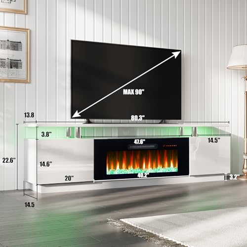 AMERLIFE Fireplace TV Stand with 40" Fireplace, 80" Modern Fireplace Entertainment Center LED Lights, 2 Tier TV Console Cabinet for TVs Up to 90", Ivory White - color: White & Black, size: 80"