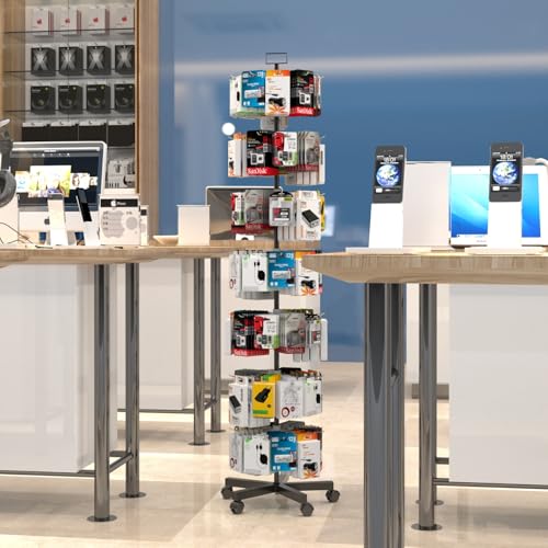 Upgraded Retail Display Stand 7 Tier Spinning Display Stand, Movable Shop Spinner Rack with Hooks, Retail Display Racks for Jewelry Keyring Hats Socks Toys (Black) - color: Black, style: 7 Tier-5 wheels