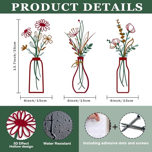 Pigort 3 Pieces Metal Vase Flowers Wall Arts - Rustic Farmhouse Style Décor Metal Wall Art Black Minimalist Flower Natural Themed Wall Decors for Home Bedroom Dining Room Housewarming (Red, Vase-C) - color: Red
