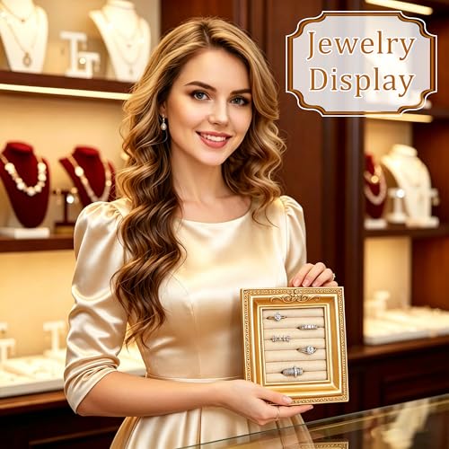 Vintage Ring Holder Rectangle Gold Velvet Display Stand - Baroque Jewelry Organizer Box Tray for Wedding Engagement Anniversary Women Birthday Christmas Gift Photograph Prop (MPF05-Gold Beige) - color: MPF05-Gold Beige