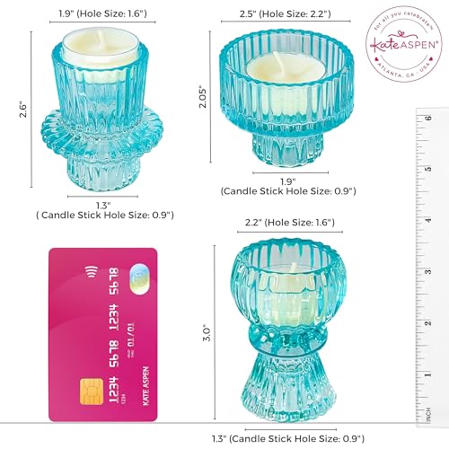 Kate Aspen Vintage Ribbed Glass Black Candlestick Holders, Pillar Candle, Tealight & Votive Candle Holders (Set of 6, 3 Assorted Sizes), Dining Table Decor, Shelf Decor, Centerpiece - color: Blue