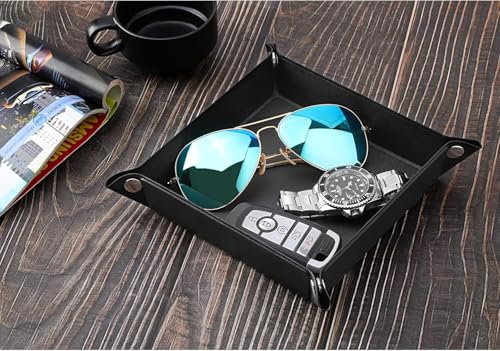 Luxspire Valet tray, PU Leather Tray, Catchall Tray, Men Women Jewelry Key Tray, Desk Storage Plate for Key Coin Phone Jewelry Wallet, Small Size - Black - size: 8.6" x 8.6" x 0.1"