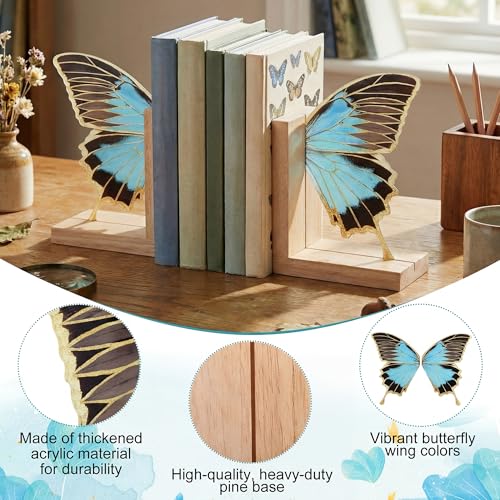 Decorative Butterfly Bookends Wooden Acrylic Butterflys Bookend Modern Bookshelf Decor Accent Book Stopper Decor for Home Farmhouse Shelves Office Lover Gift(Blue Butterfly) - style: Blue Butterfly