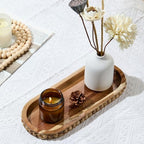 Acacia Wood Decorative Oval Tray, Beaded Edge Farmhouse Tray for Coffee Table Centerpiece, Rustic Wooden Serving Tray for Candle Holder, Kitchen & Living Room Counter Home Decor