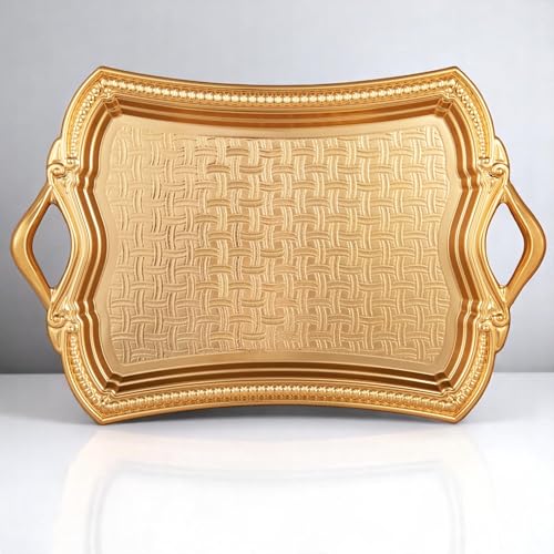 Alisveristime 2-Person Rectangular Metal Serving Tray – Ottoman Motif, (14.6" x 9", 13.1 oz) (Gold)