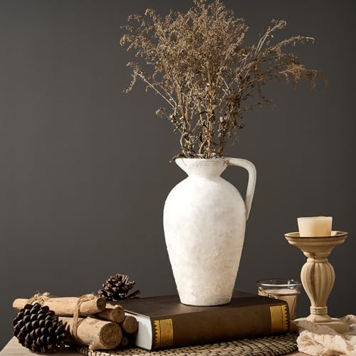 LUKA Rustic Farmhouse Terracotta Vase, 9.25 inch with Handle, Neutral Tall Clay Vase for Living Room, Table, Shelf Decor (Off-White) - color: Off-white, size: 9 inch (H)